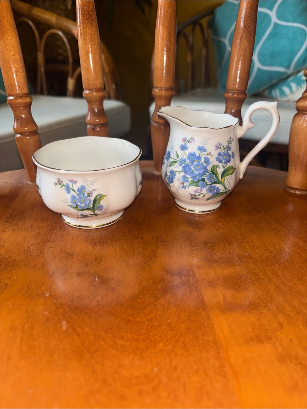 Royal Albert White Creamer and Sugar Bowl with Blue Floral Pattern